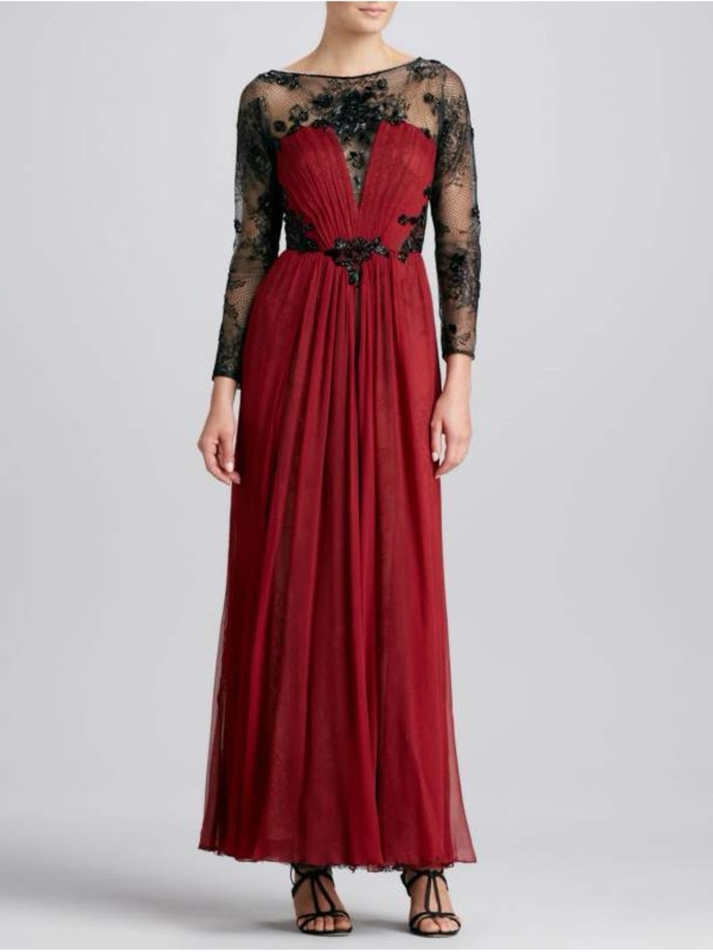 💃🏽Tadashi Shoji Red Chiffon & Black Lace Beaded Evening Gown